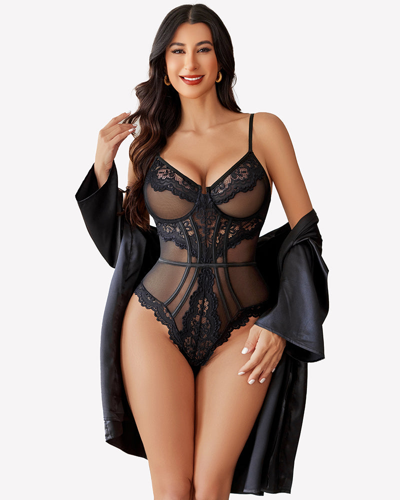 Sheer Lace Bodysuit V Neck Teddy