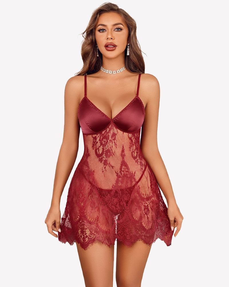 Babydoll Satin Bust Lace Dress with Thong