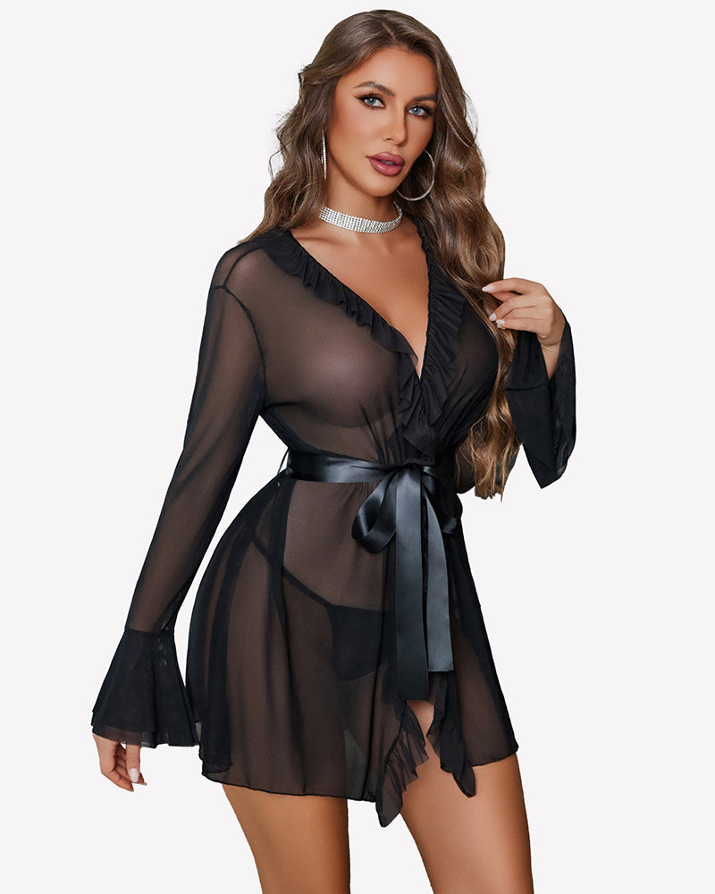 Mesh Robe Sets Kimono Ruffle Nighty With Thong