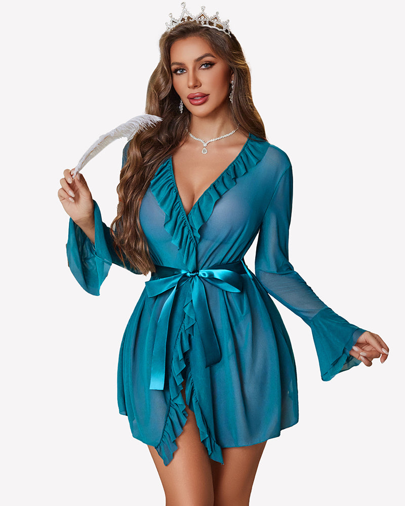 Mesh Robe Sets Kimono Ruffle Nighty With Thong