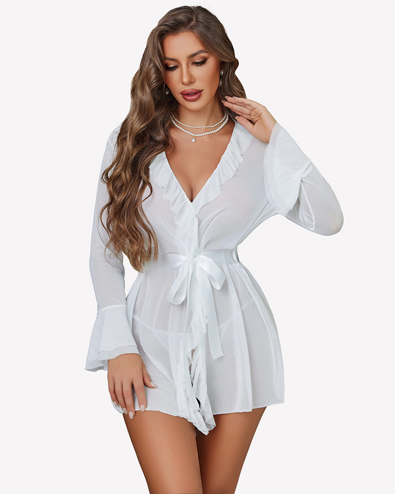 Mesh Robe Sets Kimono Ruffle Nighty With Thong