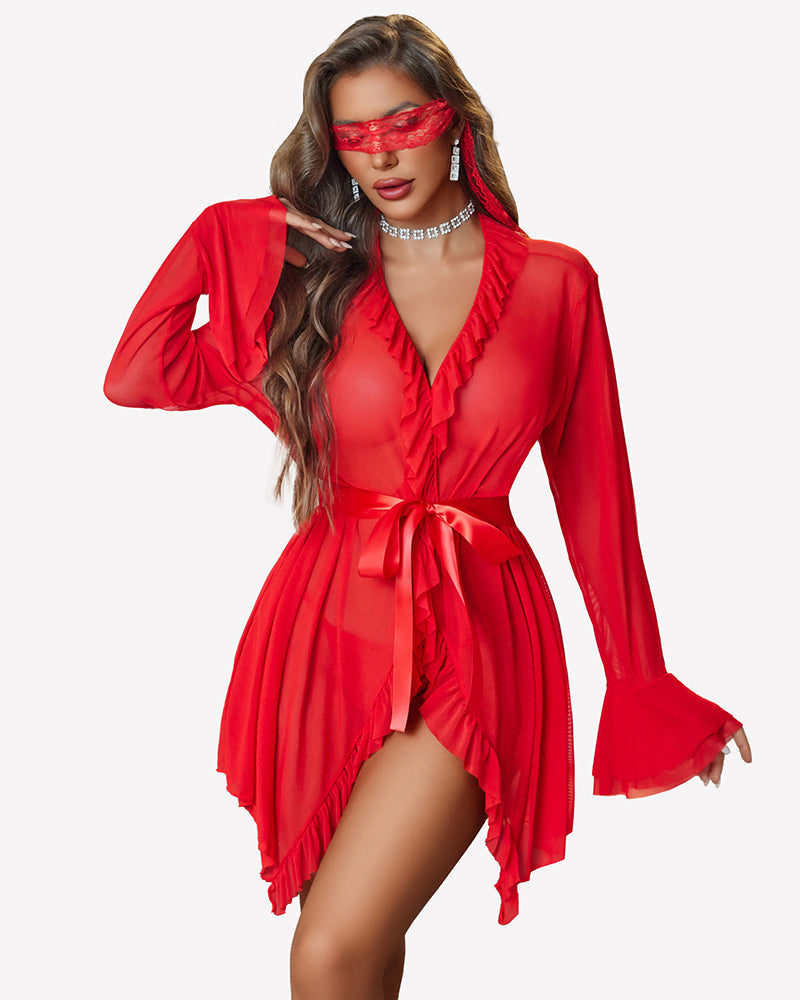 Mesh Robe Sets Kimono Ruffle Nighty With Thong
