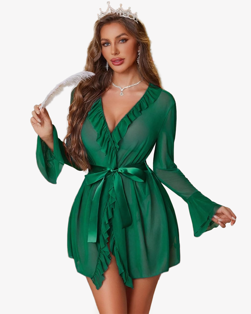 Mesh Robe Sets Kimono Ruffle Nighty With Thong