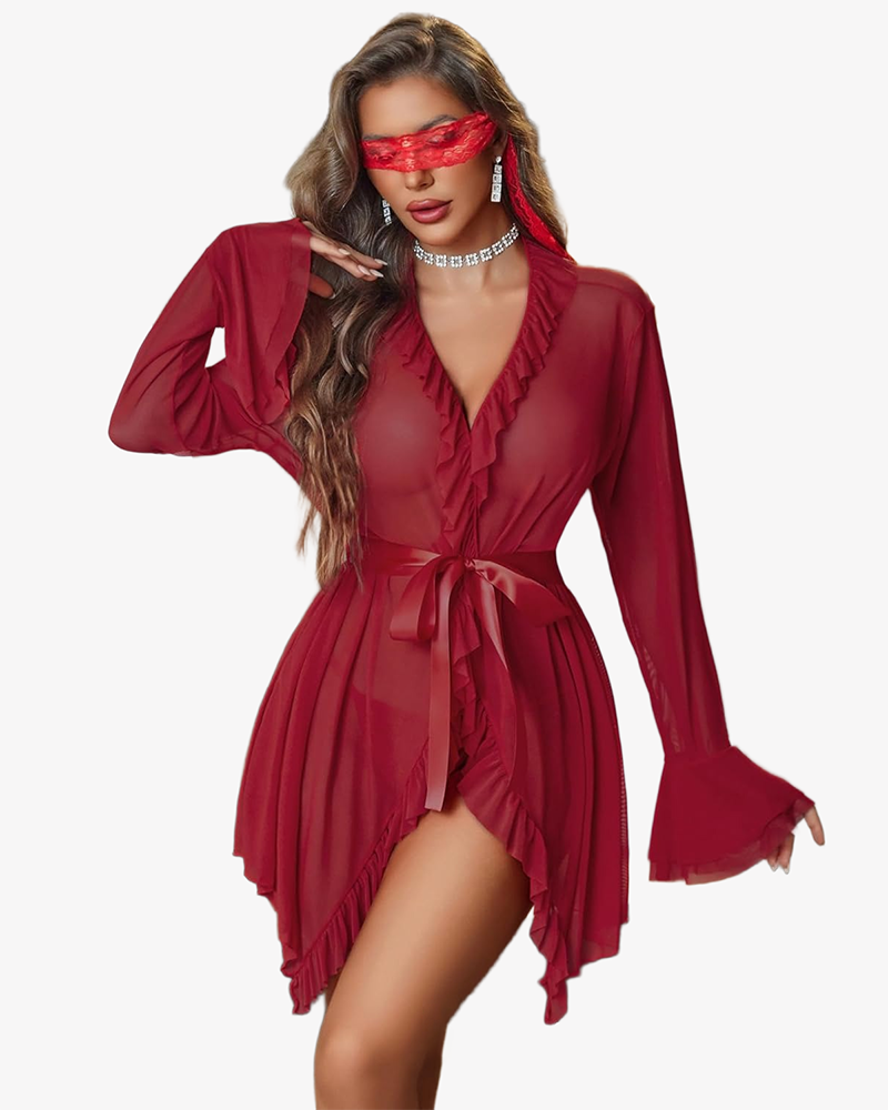 Mesh Robe Sets Kimono Ruffle Nighty With Thong