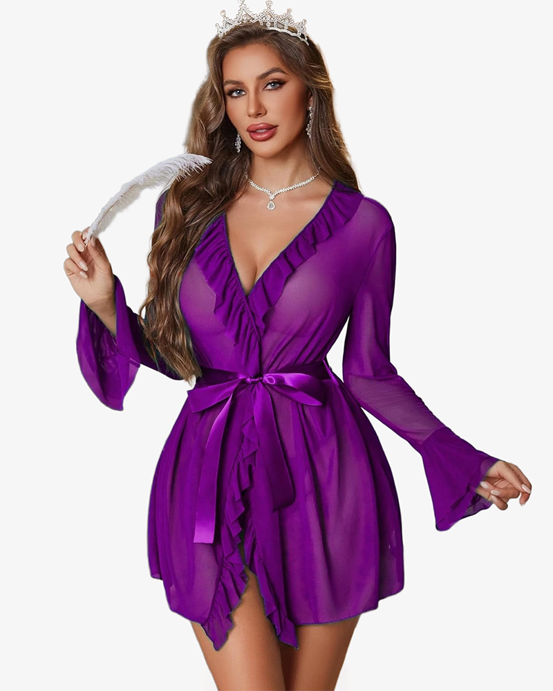 Mesh Robe Sets Kimono Ruffle Nighty With Thong