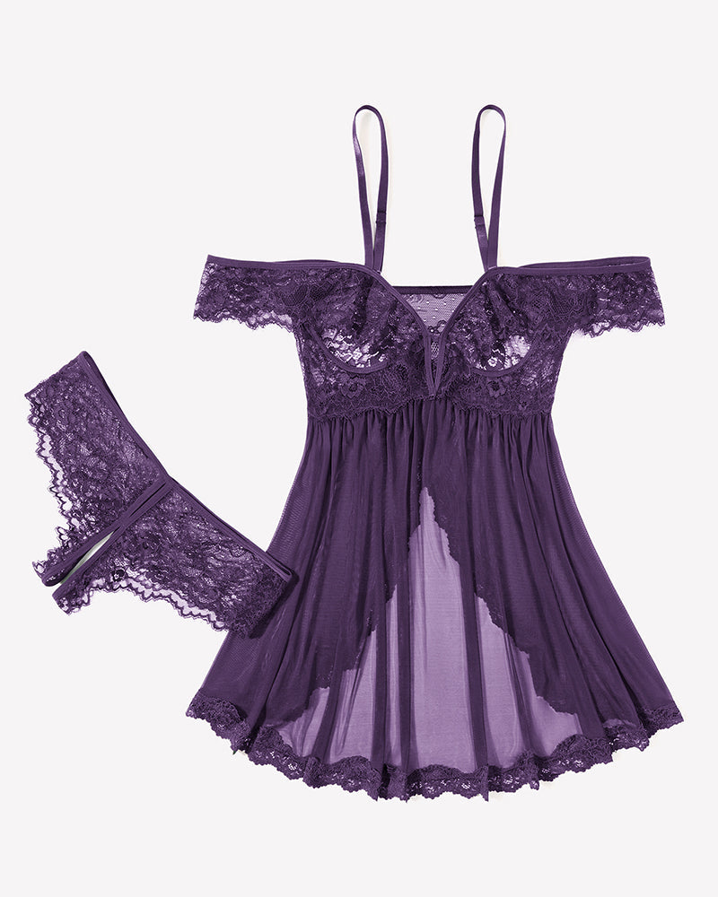Mesh Lace Wireless Babydoll Dress with Thong