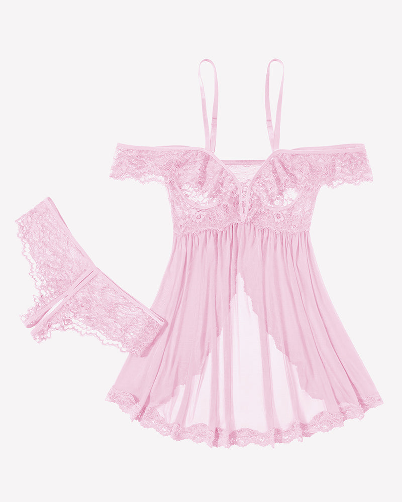 Mesh Lace Wireless Babydoll Dress with Thong