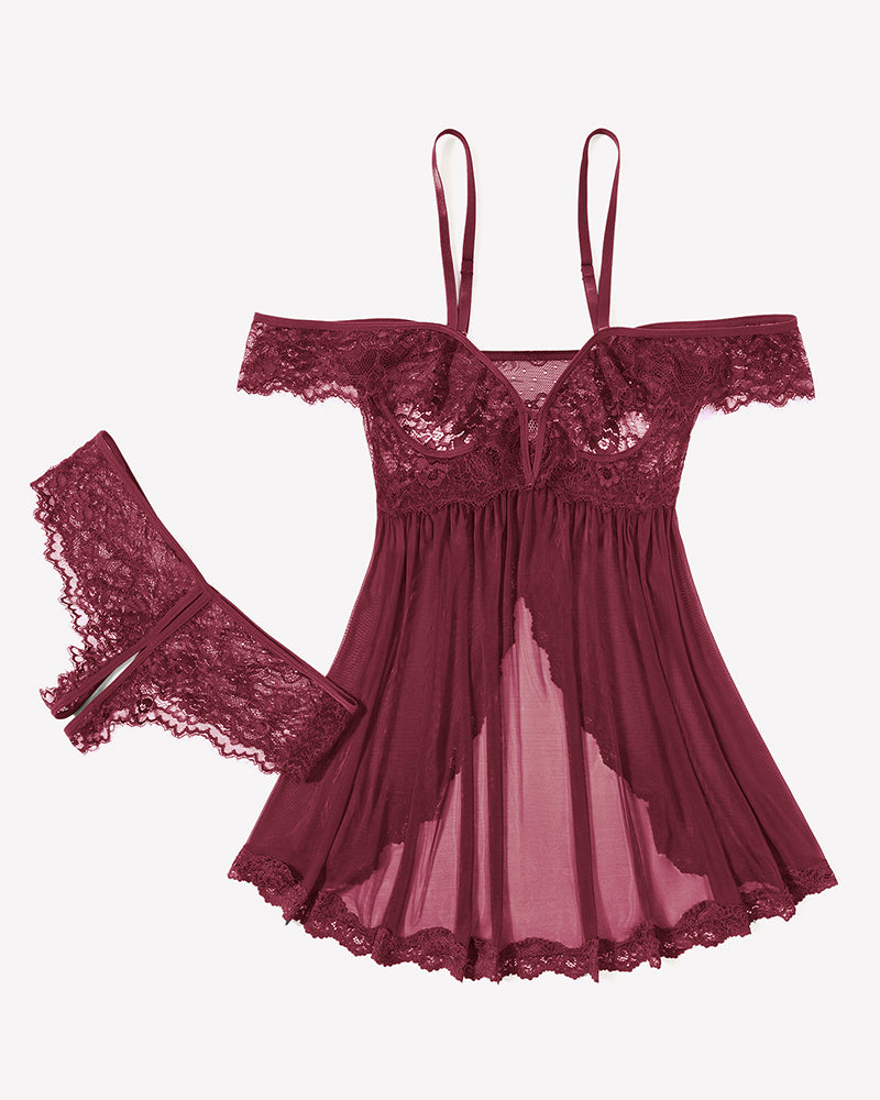 Mesh Lace Wireless Babydoll Dress with Thong
