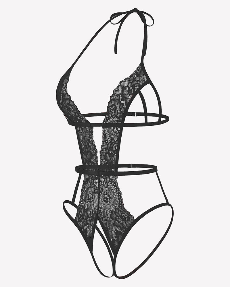 Deep V Halter Lingerie Crotchless Lace Bodysuit