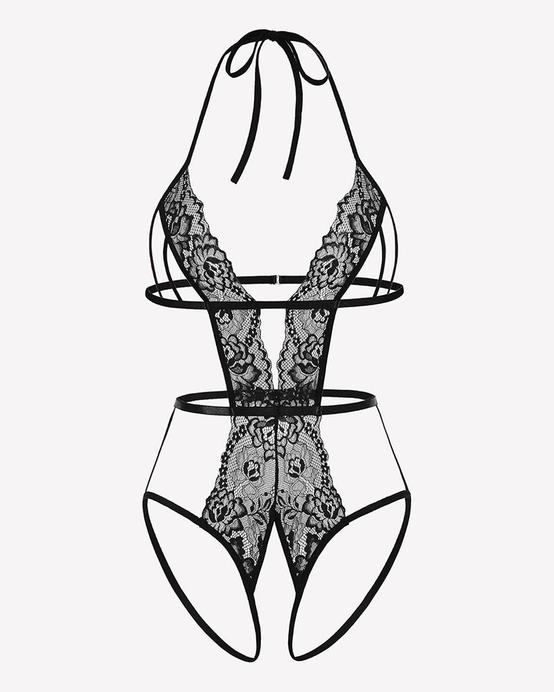 Deep V Halter Lingerie Crotchless Lace Bodysuit