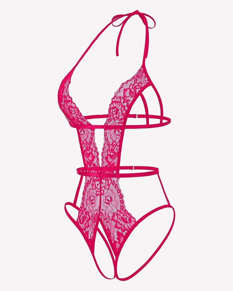 Deep V Halter Lingerie Crotchless Lace Bodysuit