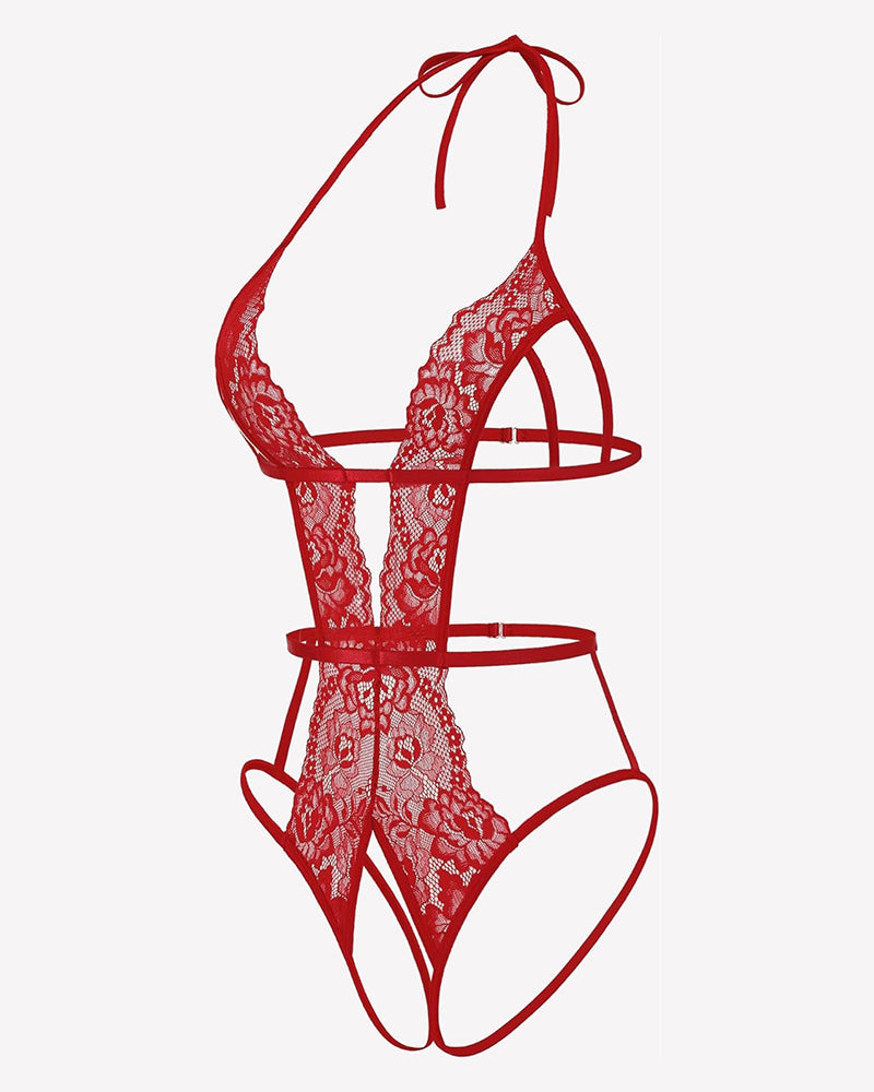 Deep V Halter Lingerie Crotchless Lace Bodysuit