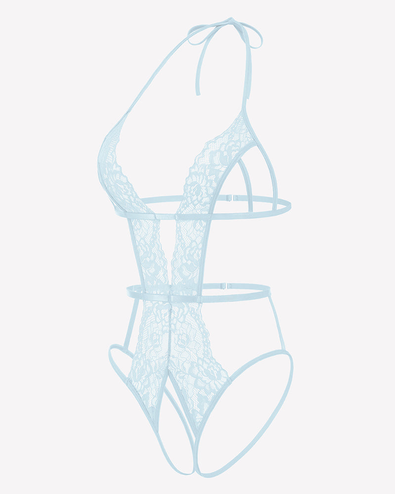 Deep V Halter Lingerie Crotchless Lace Bodysuit