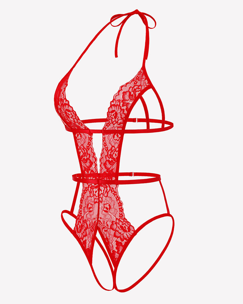 Deep V Halter Lingerie Crotchless Lace Bodysuit