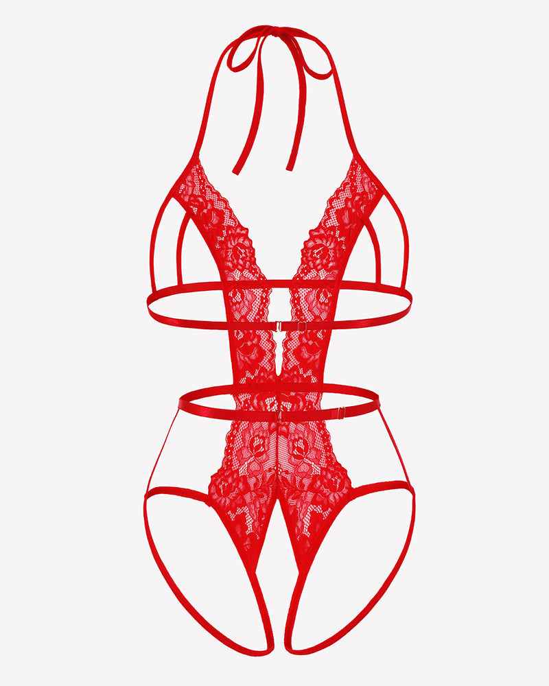 Deep V Halter Lingerie Crotchless Lace Bodysuit