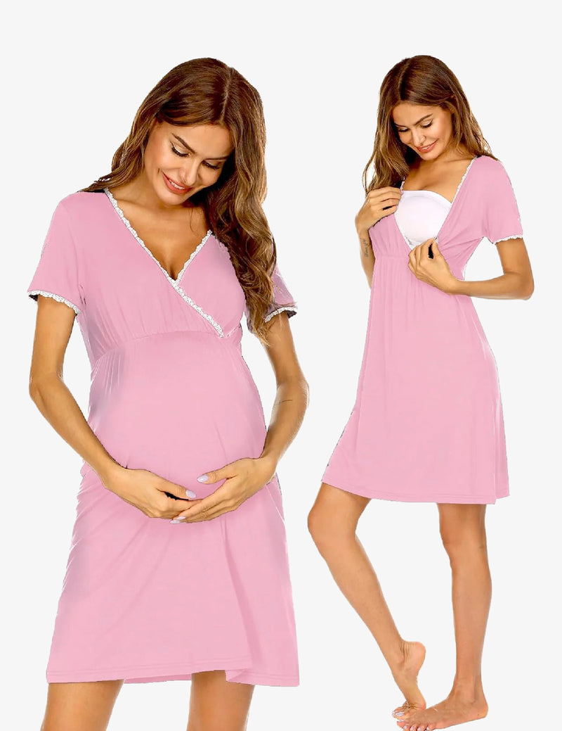 Nursing Nightgown Short Sleeve Maternity Breastfeeding Dress