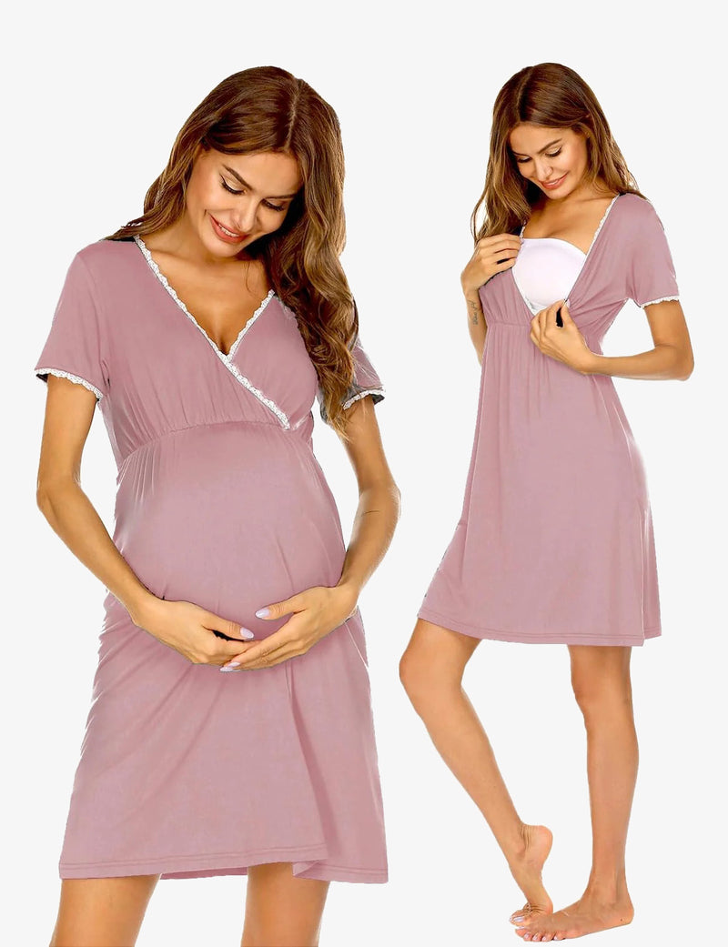Nursing Nightgown Short Sleeve Maternity Breastfeeding Dress