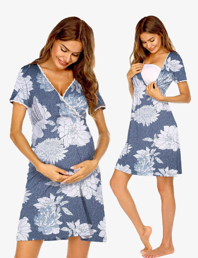 Nursing Nightgown Short Sleeve Maternity Breastfeeding Dress