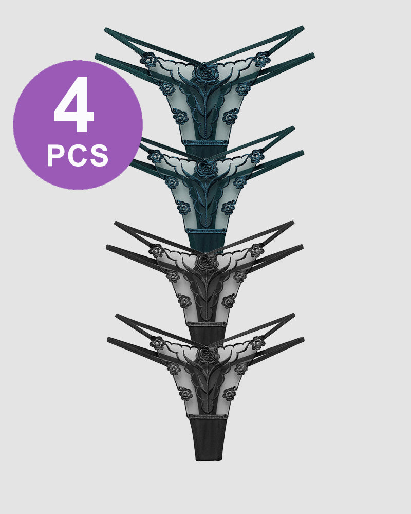 Rose Embroidery Thong Mesh Panties