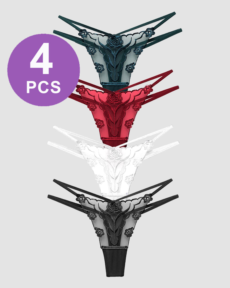 Rose Embroidery Thong Mesh Panties