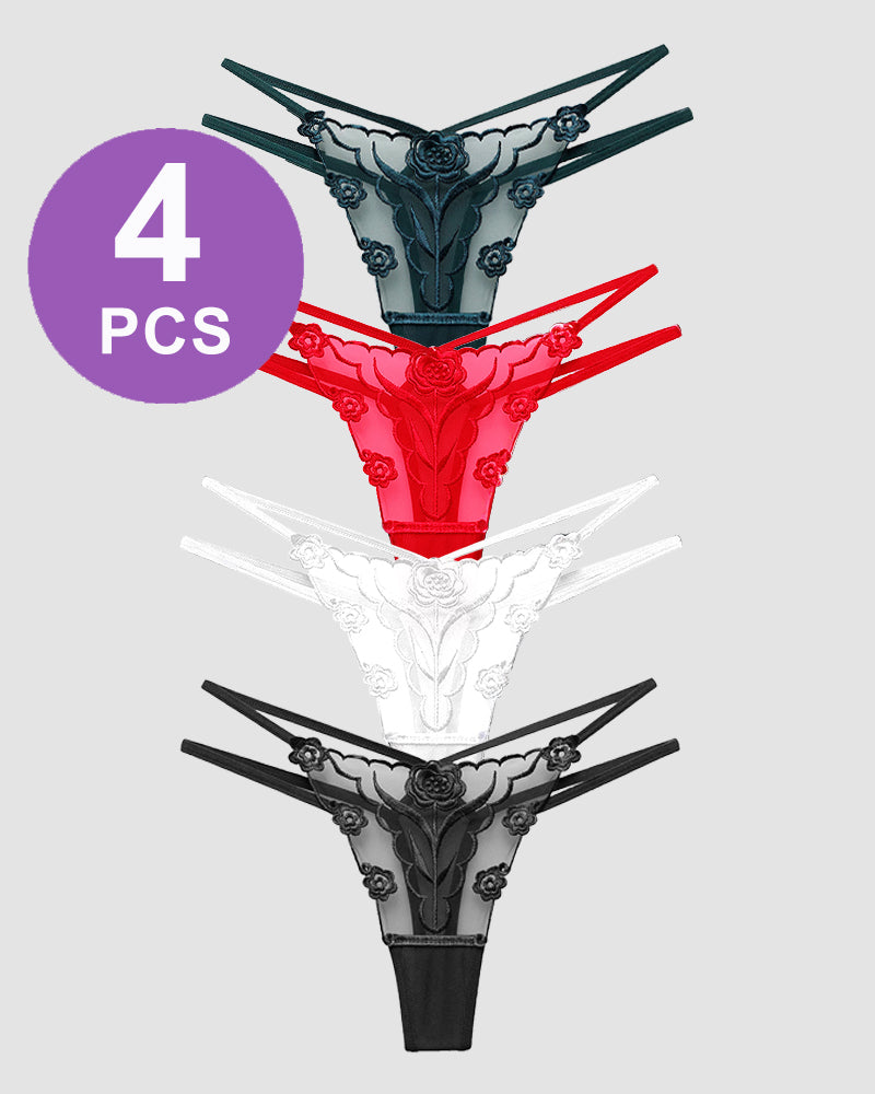 Rose Embroidery Thong Mesh Panties