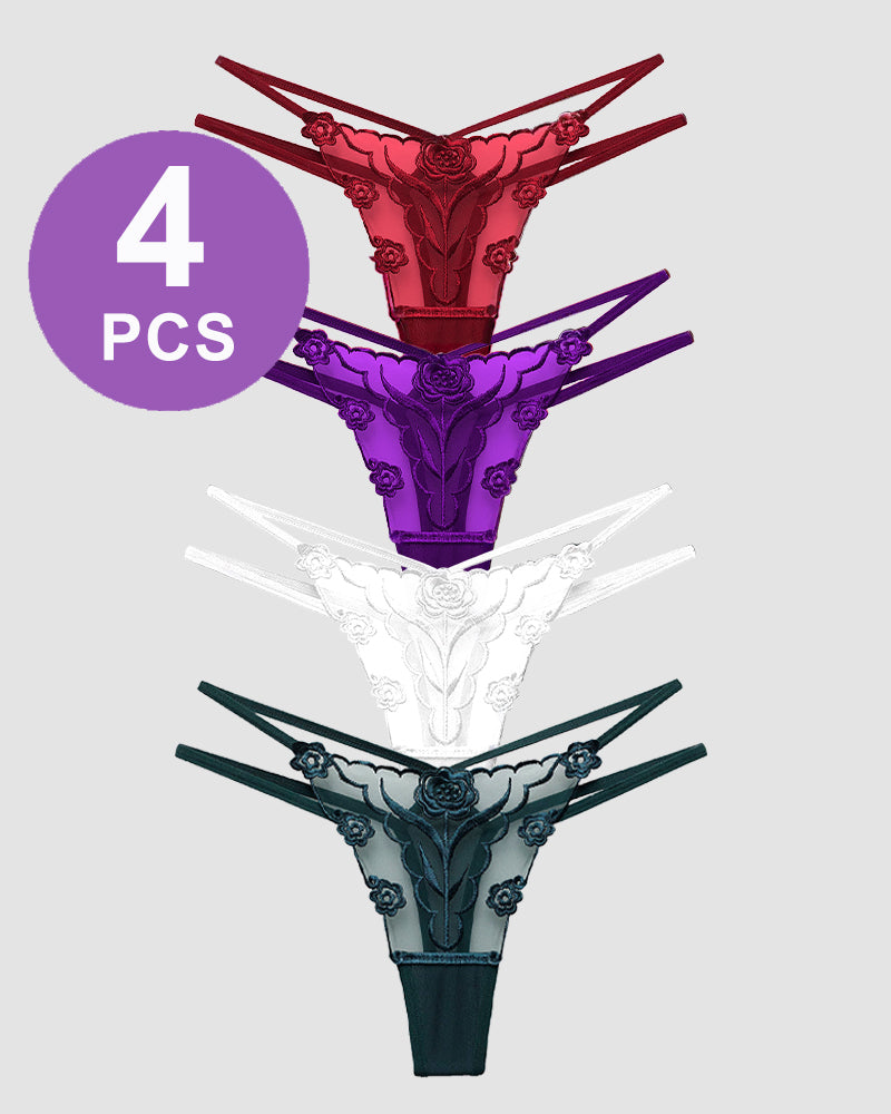 Rose Embroidery Thong Mesh Panties