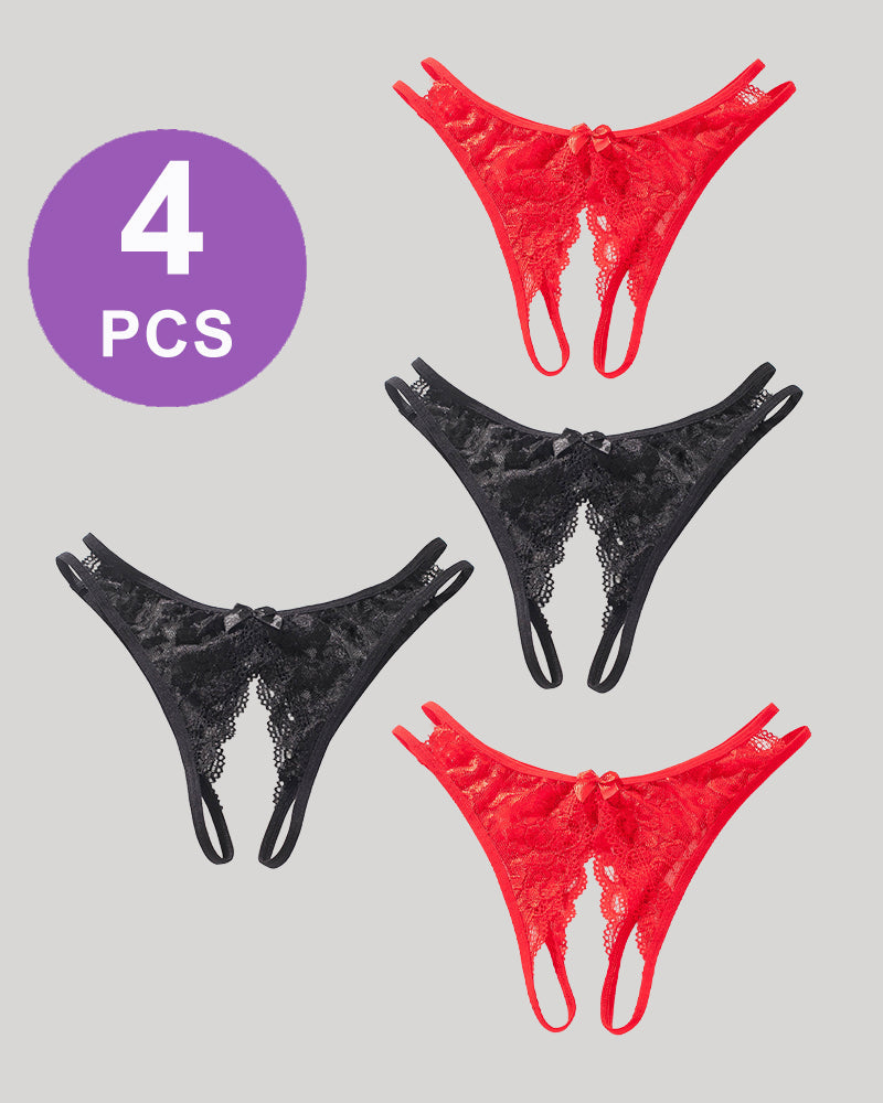 Lace  Bows  Open-Cut Panties Set