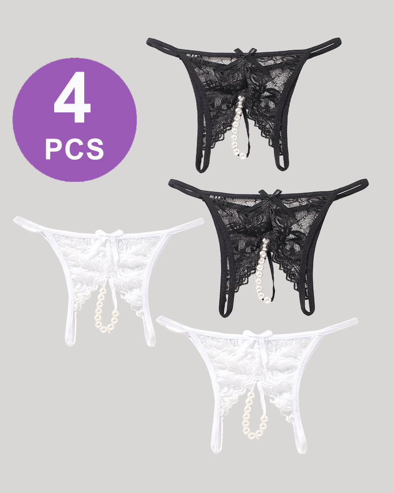 Lace Pearl G-String Low Rise T-Back Thongs Panty Set