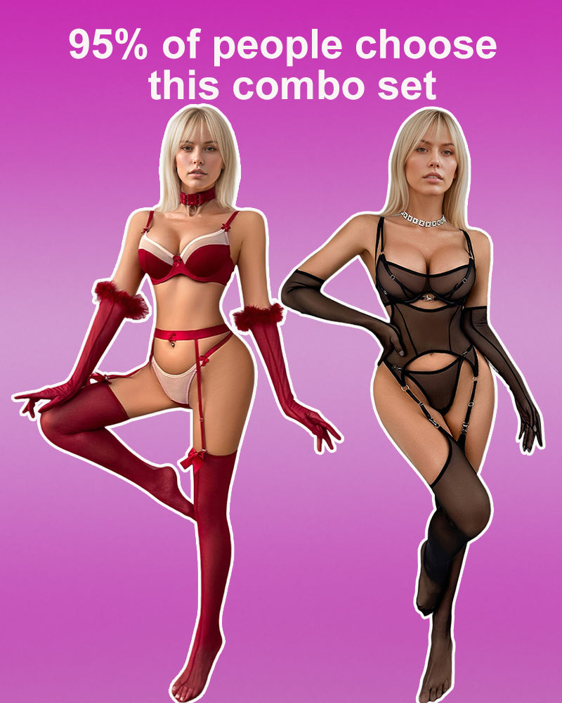 Bow Bra and Panty Set+Gloves+Stockings