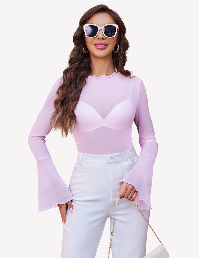 Mesh Tops Long Bell Sleeve Blouses