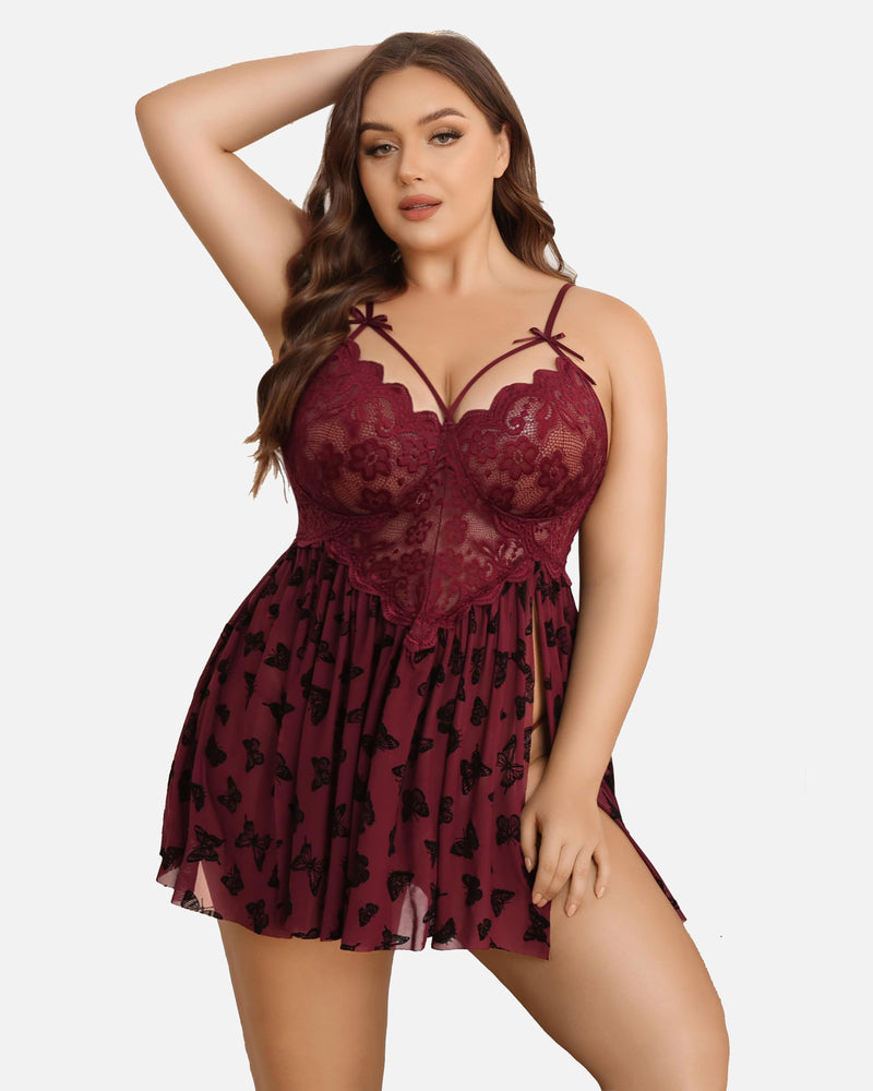 Plus Size Lace Floral Print Babydoll