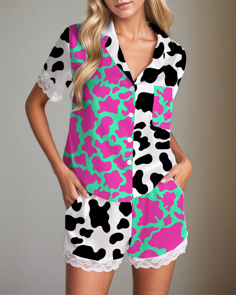 Women Cow Print Satin Pajama Set