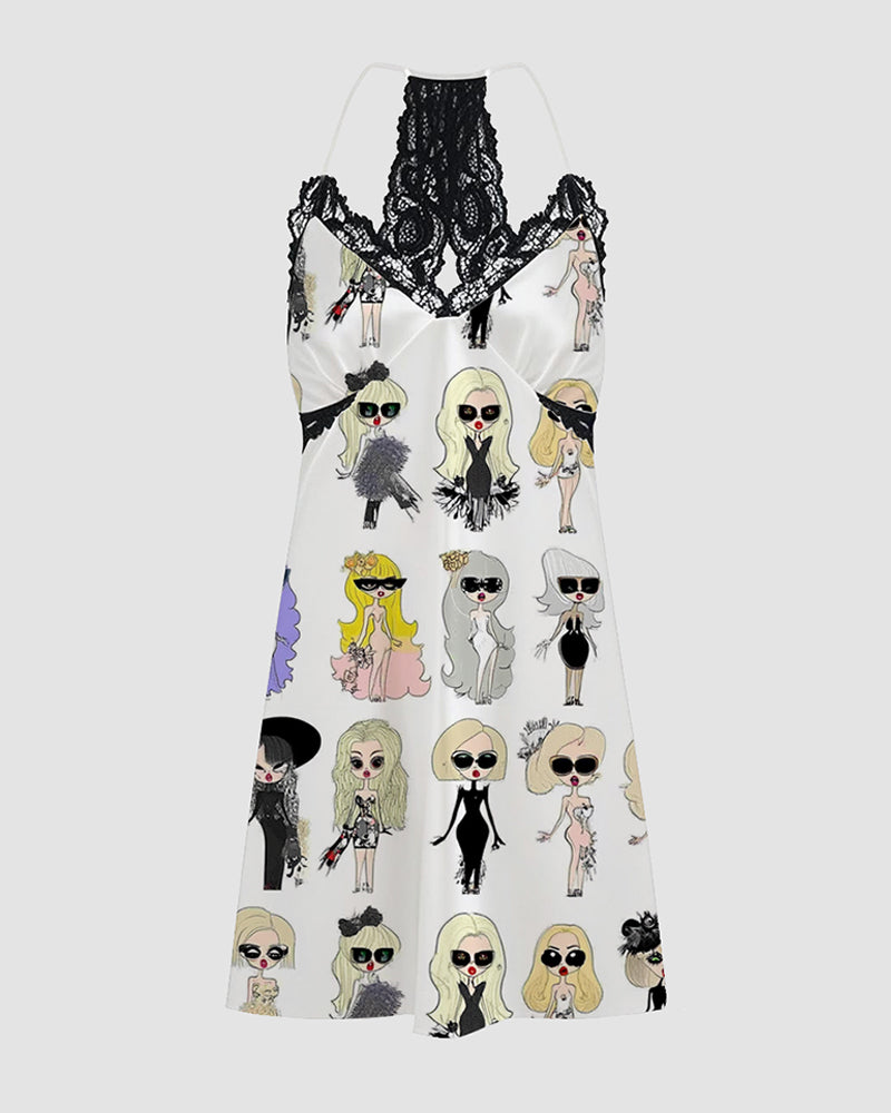 Women Retro Graffiti Cartoon Pattern Satin Suspender Pajamas