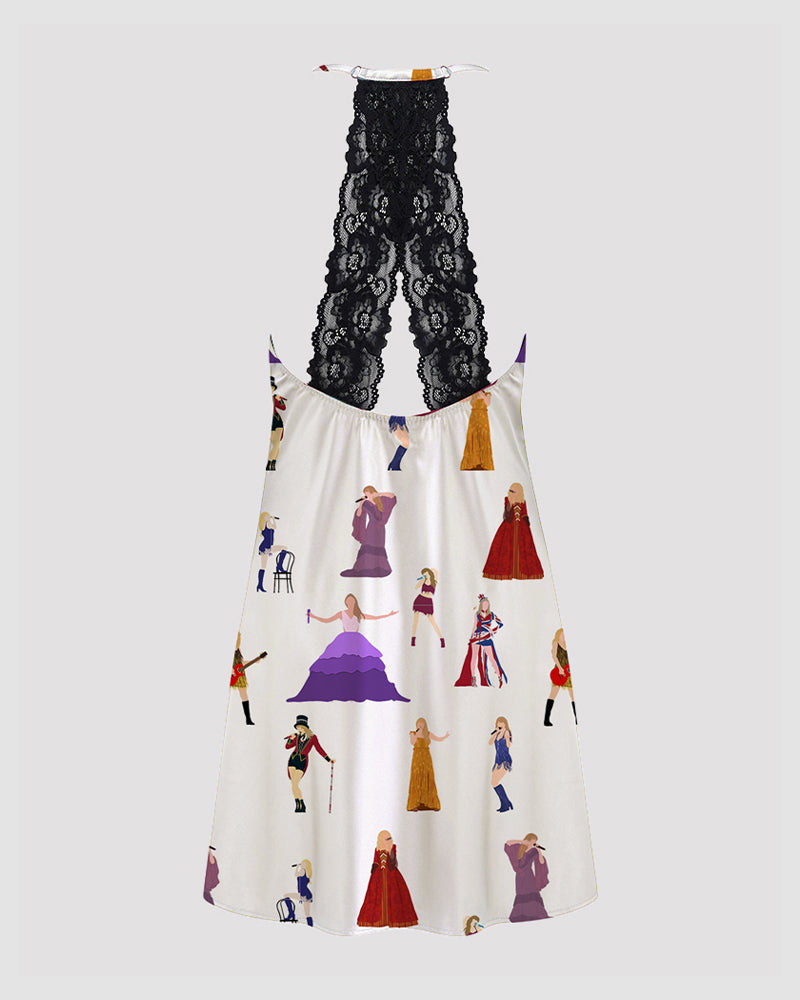 Women  Music Theme Graffiti Satin Suspender Pajamas