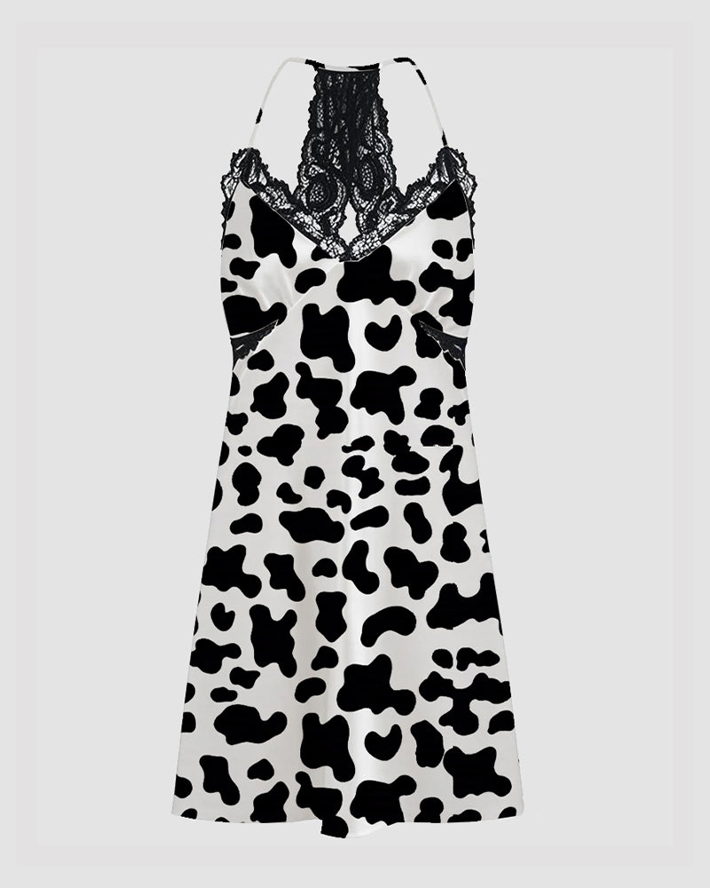 Women Black Cow Print Satin Suspender Pajamas