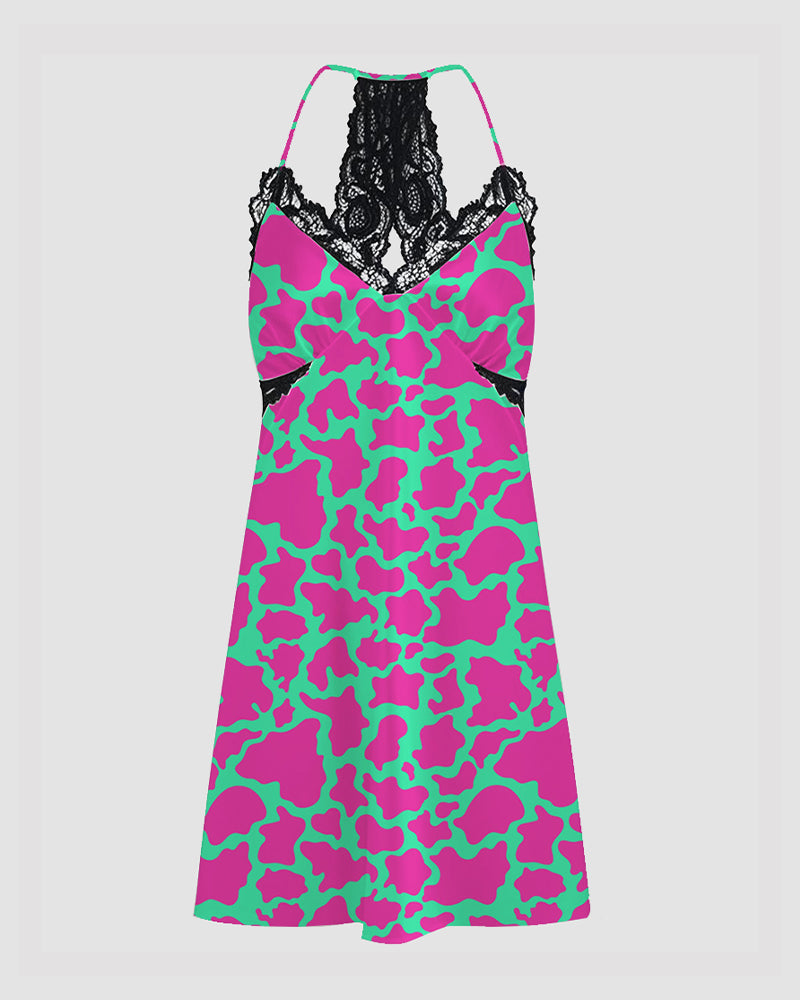 Women Retro Graffiti Cartoon Pattern Satin Suspender Pajamas