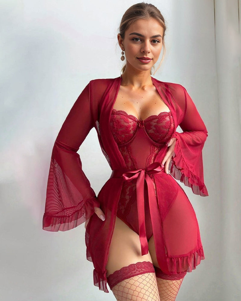 2 Piece Set Lace Kimono Robe with Teddy