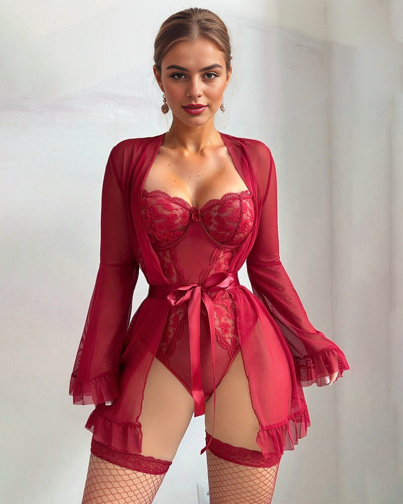 2 Piece Set Lace Kimono Robe with Teddy