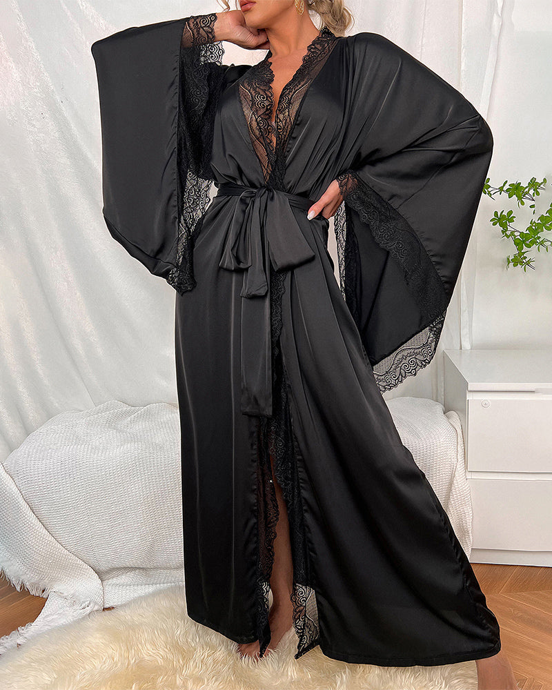 Satin Belted Robe with Contrast Lace Trim