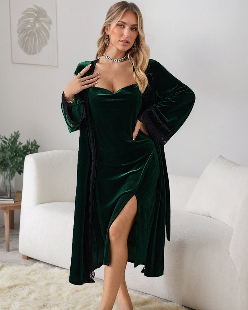 Deep V Neck Side Slit Velvet Dress Set