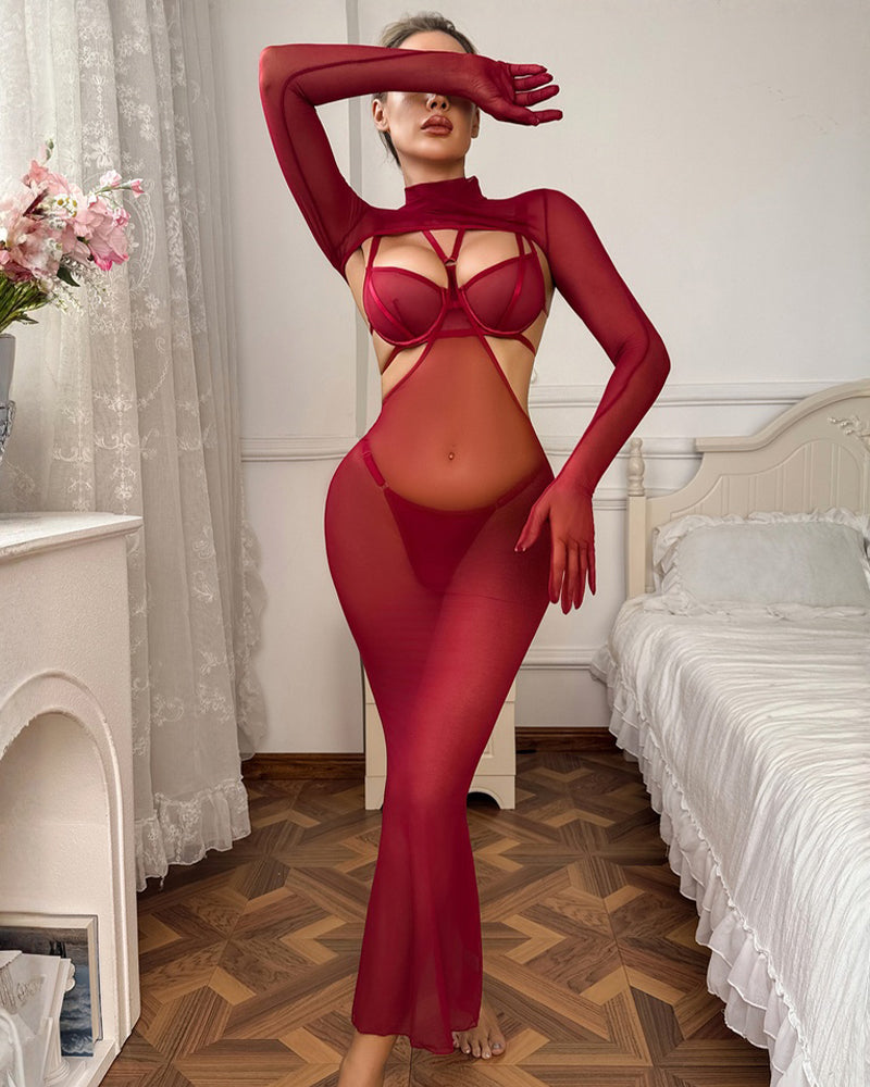 4 Pcs Red Sheer Mesh Lingerie Dress Sets