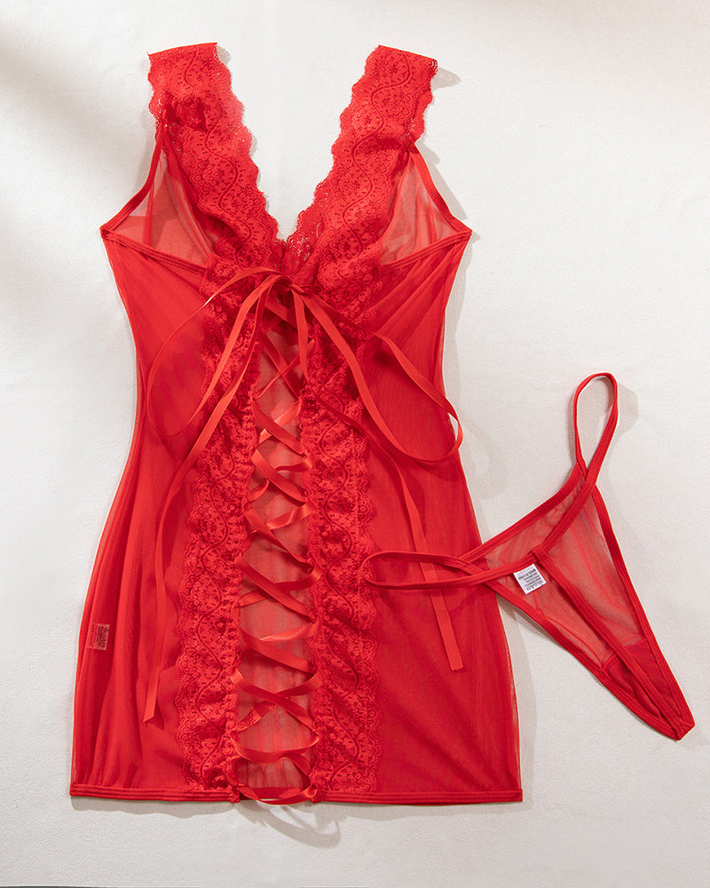 Deep V Neck Backless Lace-up Slip Dress