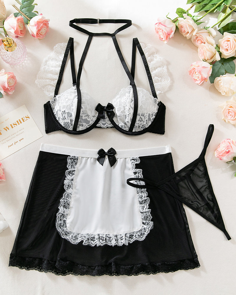 Maid Costume Lace Halter Bra Mesh Skirt Set