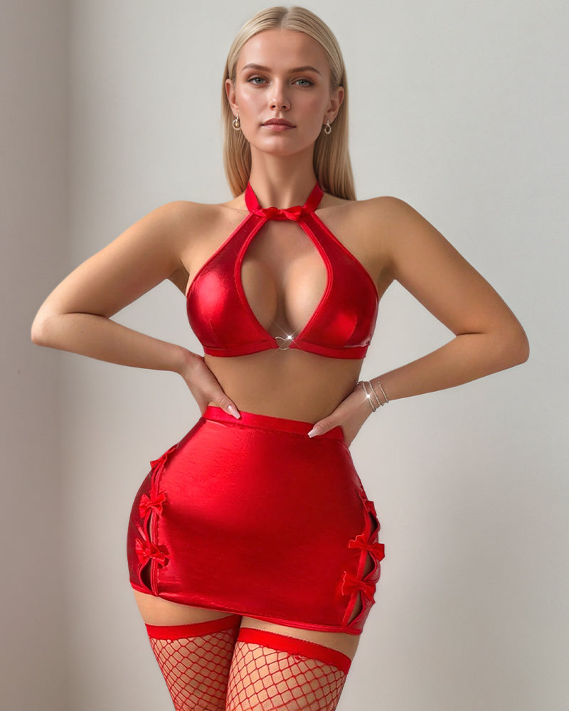 Cutout Halter Leather Skirt Set+Stockings