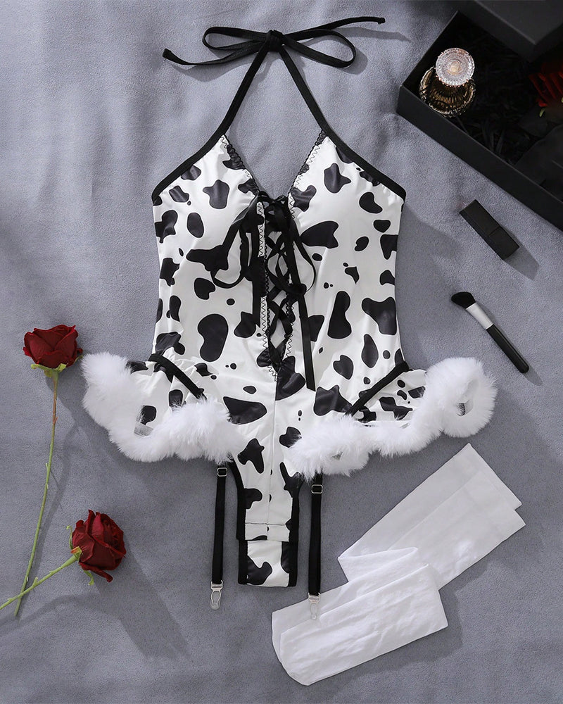 Lace Up Halter Bodysuit with Stockings