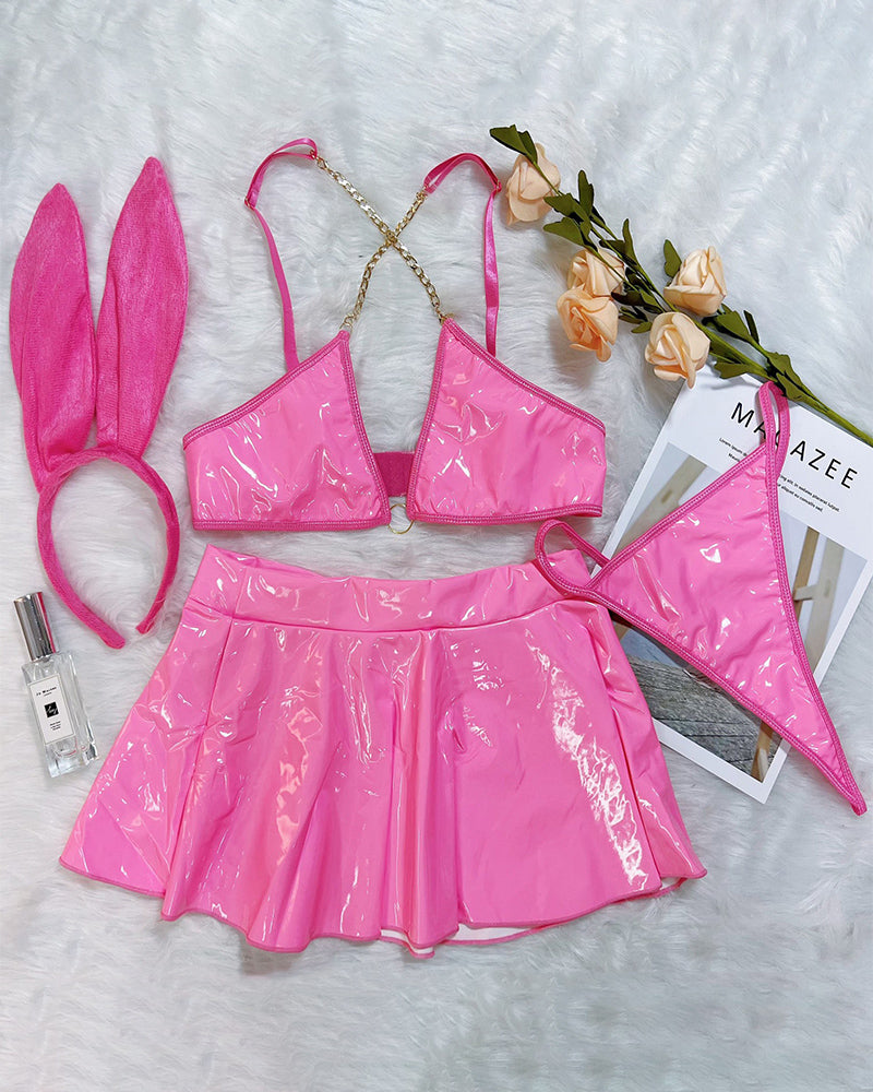 PU Leather Chain Bra Skirt Set+Headband