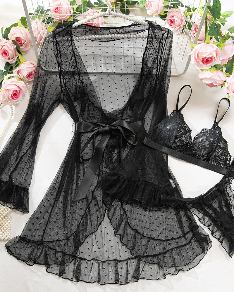 3 Piece Bra and Panties With Sheer Ruffled Robes