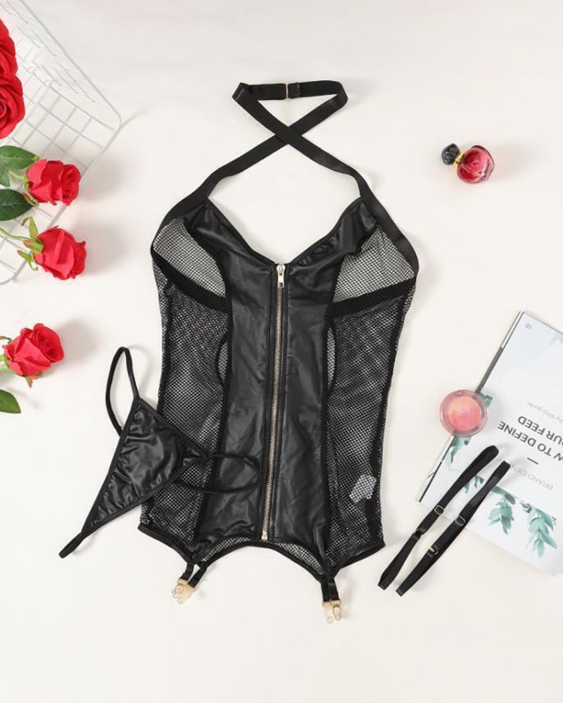 PU Leather Zipper Fishnet Halter Corset