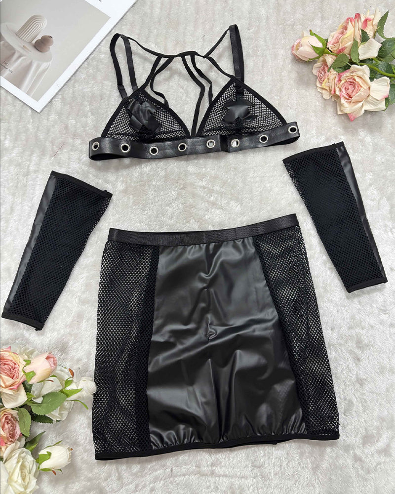 PU Leather & Fishnet Lingerie Skirt Set