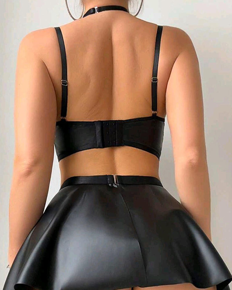 Leather FishNet Lace Up Bra Skirt Set